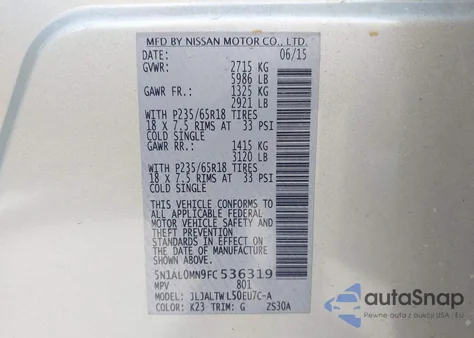 2015 Infiniti Qx60 из США, поврежденный, VIN 5N1AL0MN9FC536319